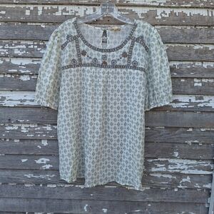 Light Blue Patterned Women's Blouse with Embroidered Yoke